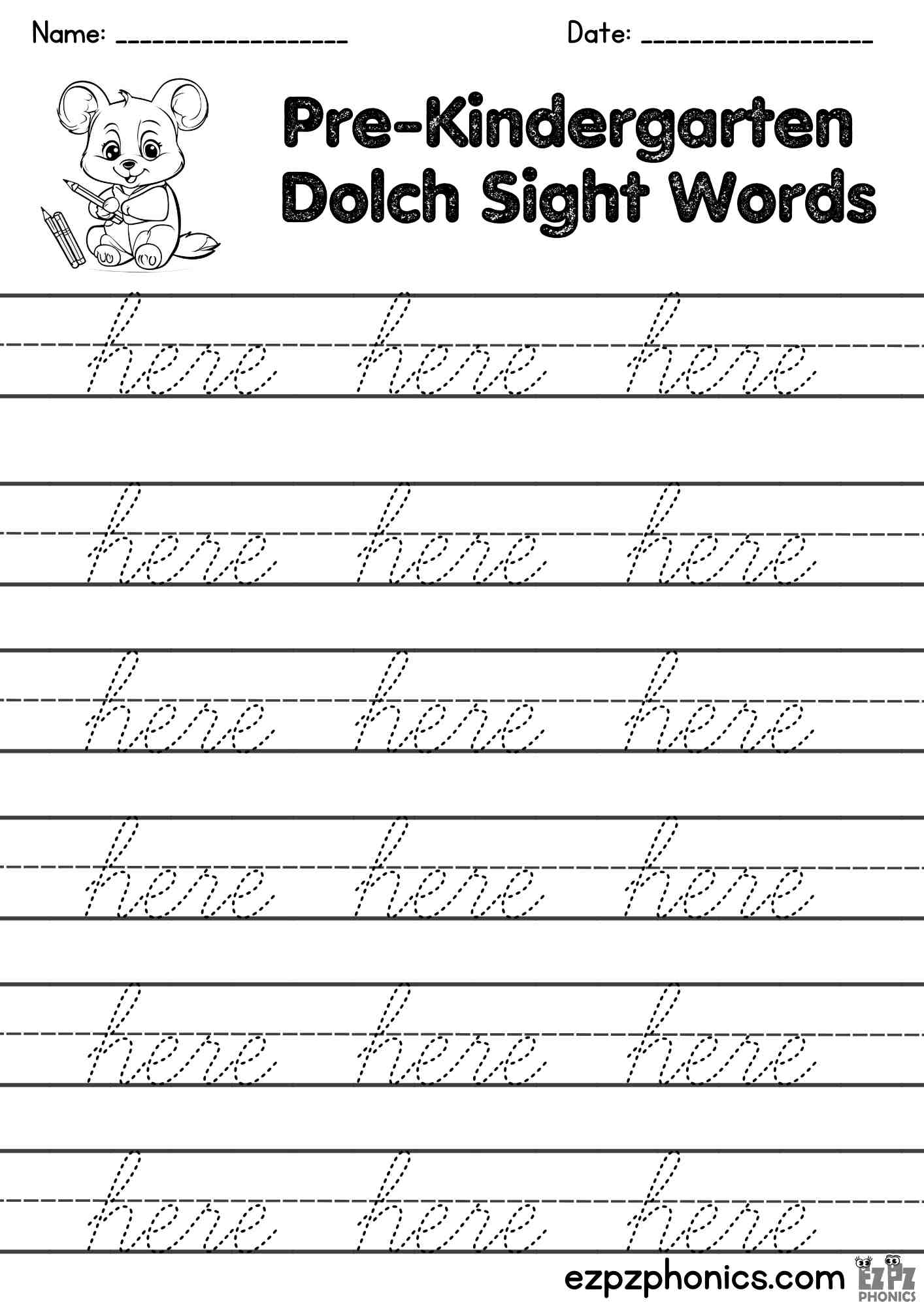 The Word Here Cursive Writing Practice – Pre-K Dolch Sight Words Free PDF Download